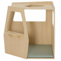 Little Summit Corner Space maple-look wooden corner play space showing side window, padded floor and external activity shelf
