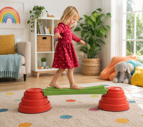 Child balancing on a Build N’ Balance Rocking Plank in a bright home playroom.