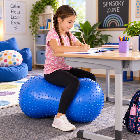 Student using a peanut-shaped tactile balance ball for flexible seating and focus in a school sensory zone.