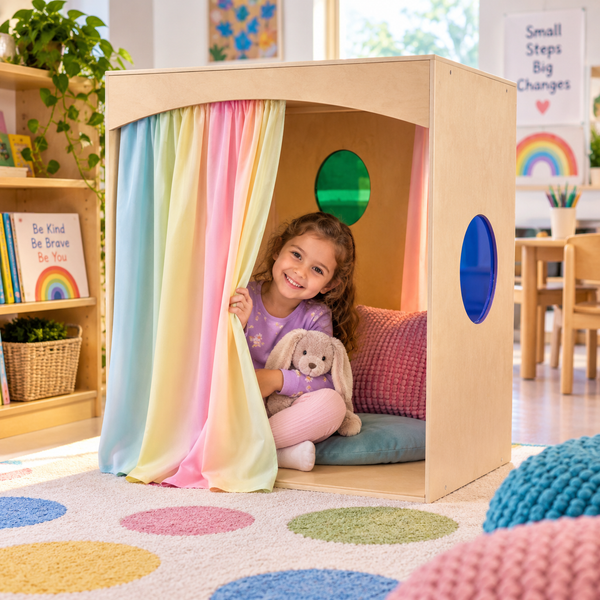 Child relaxing behind a Rainbow Fabric Curtain in a calming preschool sensory and quiet space.
