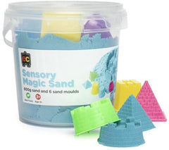 Tub of blue Magic Sand with moulds