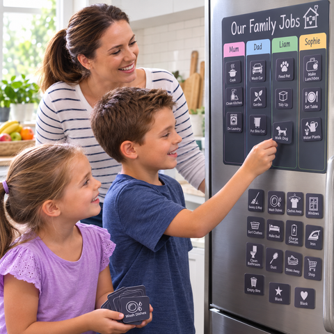 Children using magnetic Help at Home chore tiles on the fridge with their mum.