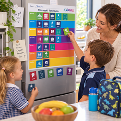 Magnetic Planner Chart for School Kids helping a family organise weekly school activities and routines at home.