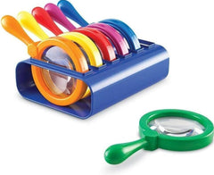 Set of colorful magnifying glasses in a blue holder on a white background