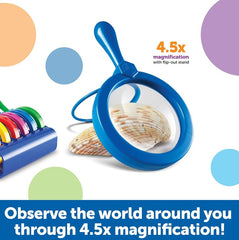 Blue magnifying glass with 4.5x magnification and flip-out stand, observing a shell on a colorful background.