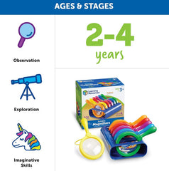 Colorful magnifying glasses with packaging on a white background, labeled for ages 2-4 years.