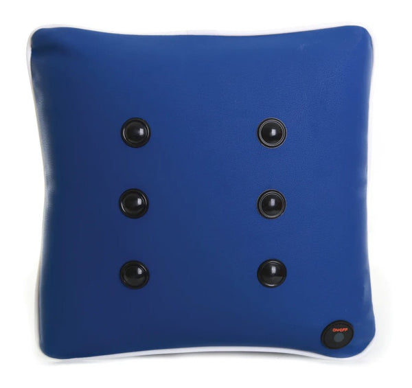 A blue cushion adorned with black buttons set against a white background.