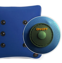 A close-up view of a blue device featuring an 'ON/OFF' button against a white background.