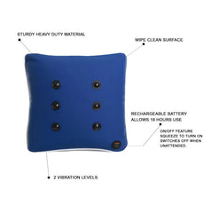 Blue vibration cushion with features labeled on a white background