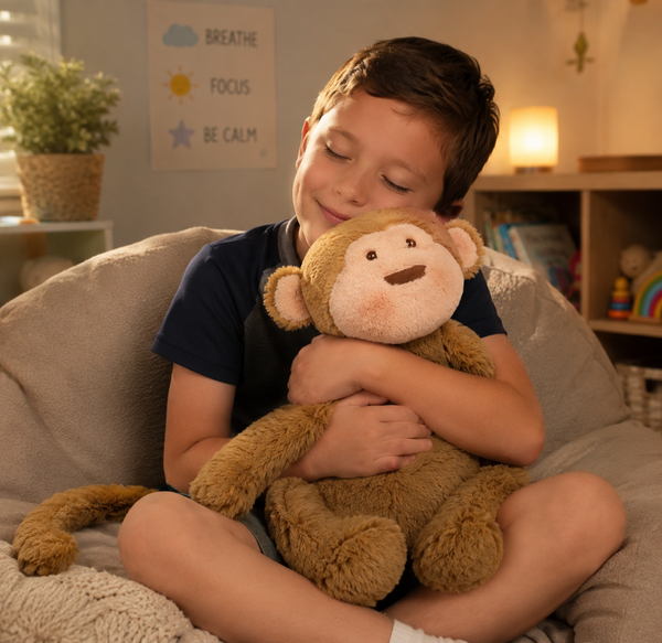 Child hugging Mello the Monkey Weighted Sensory Companion in a calming sensory space.