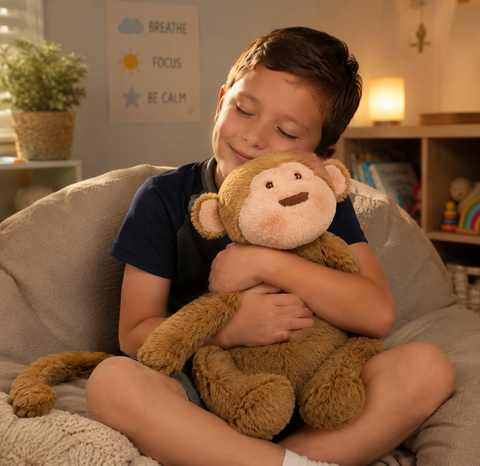 Child hugging Mello the Monkey Weighted Sensory Companion in a calming sensory space.