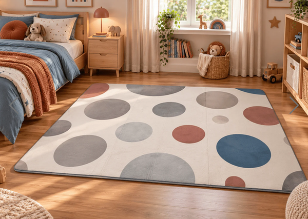 Mellow Mat® Kids Collection Circles memory foam floor mat in a bedroom providing a comfortable surface for children's activities in education and therapy environments