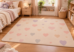 Hearts pattern memory foam floor mat in a bedroom setting 
