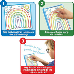 Three pictures of instructions on how to use the Mindful Maze boards