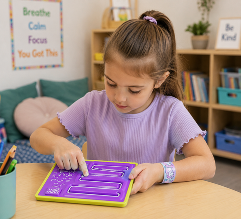 Child using a Mindful Maze board for calming breathing in a classroom.