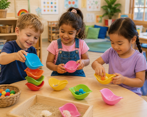 Children playing with colourful Mini Bilibo Pods in a preschool classroom.