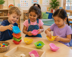 Children playing with colourful Mini Bilibo Pods in a preschool classroom.