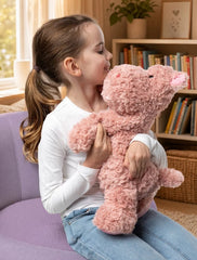 Mini & Me Weighted Plush Hippo hugged by child