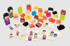 Colorful toy blocks with corresponding cards on a white background