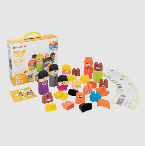 Colorful toy blocks with faces and a Miniland box on a white background
