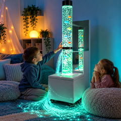 A mobile podium with a bubble tube and fiber optic lights in a soothing setting with children.