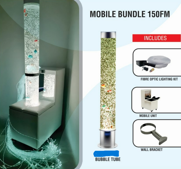 Image of the mobile sensory bundle 150FM including separate images of a bubble tube, a fibre optic lighting kit, a mobile sofa podium, and a wall bracket.