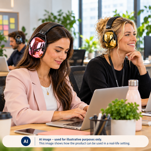 image of 2 office workers using metallic noise reducing earmuffs