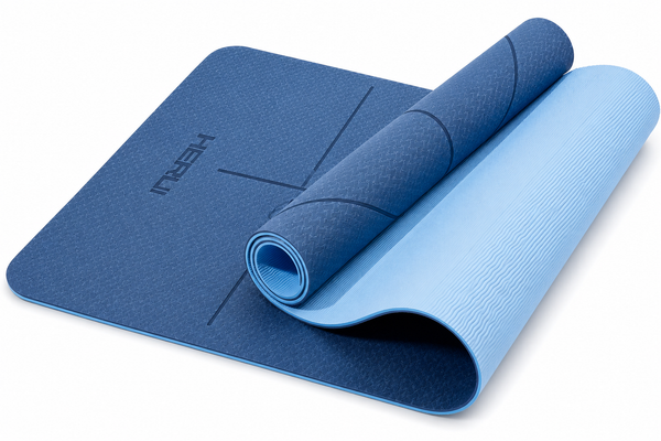 Blue modified yoga mat with alignment lines
