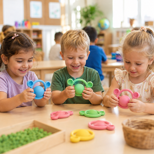 Three children enjoying colourful Nigi, Nagi & Nogi sensory fidget toys at a preschool table