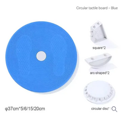Birds eye view of blue coloured Multi Functional Balance Board 37cm for active seating, sensory regulation, balance and under-desk foot support. Inset images show squared, arc, and circular shaped feet.