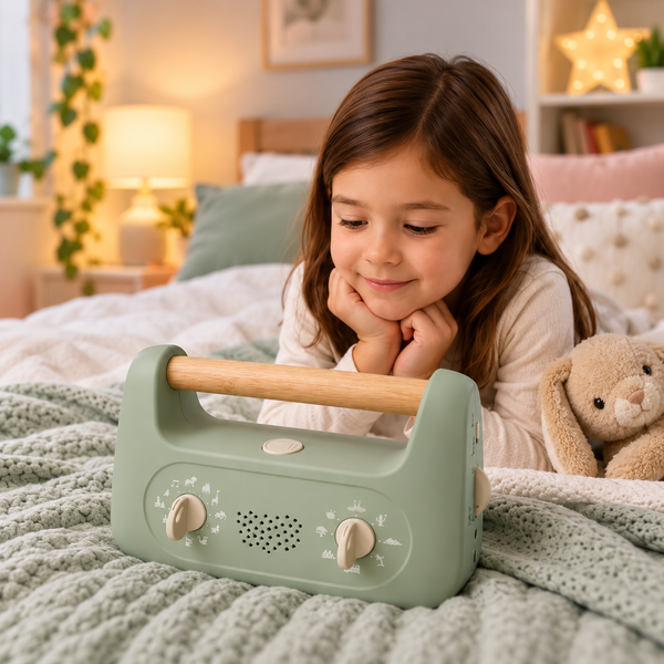 Child relaxing with My Little Morphée screen-free meditation and sleep companion in a cosy bedroom.