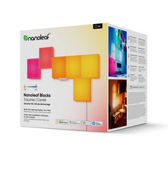 Box of Nanoleaf Blocks with colorful square lights on a white background