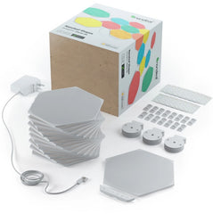 Set of hexagonal light panels with packaging and accessories on a white background