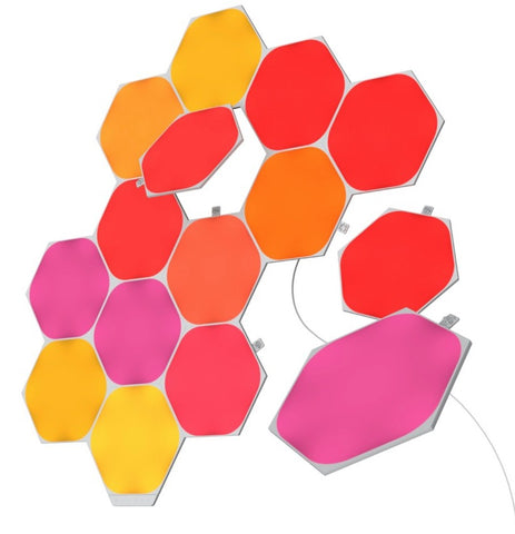 Nanoleaf Hexagon Shapes set of 15 in vibrant shades of orange, yellow, red, and pink.