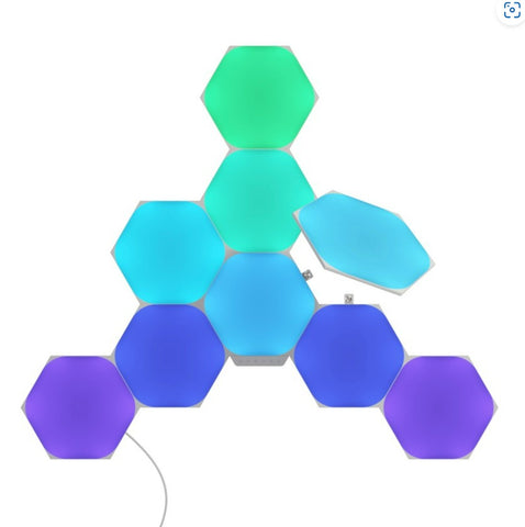 Nanoleaf hexagon LED light panels in shades of green, blue, and purple set against a clean white background.