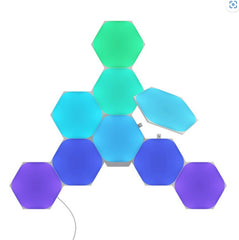 Nanoleaf hexagon LED light panels in shades of green, blue, and purple set against a clean white background.