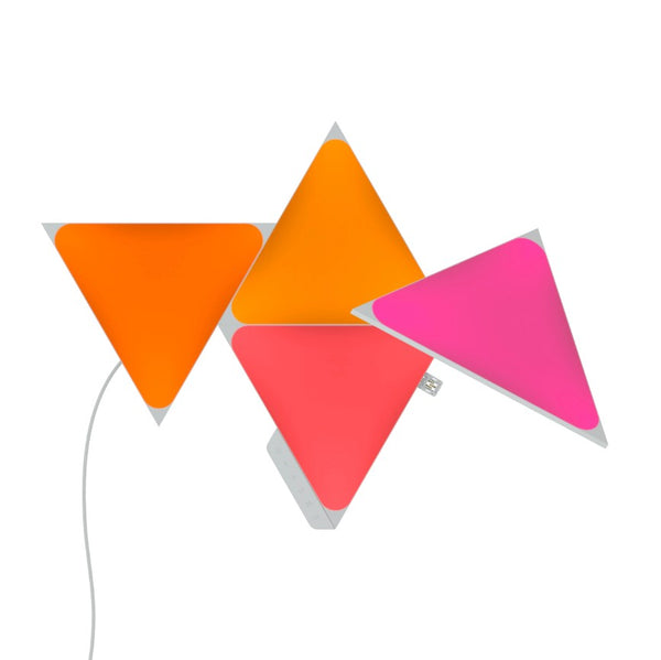 Set of 4 Nanoleaf Triangle lights in vibrant orange and pink.