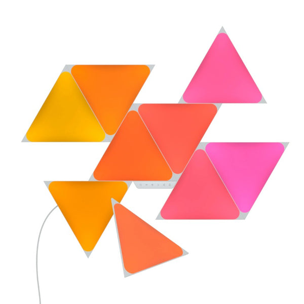 Nanoleaf set of 9 triangular panels in yellow, orange, and pink.