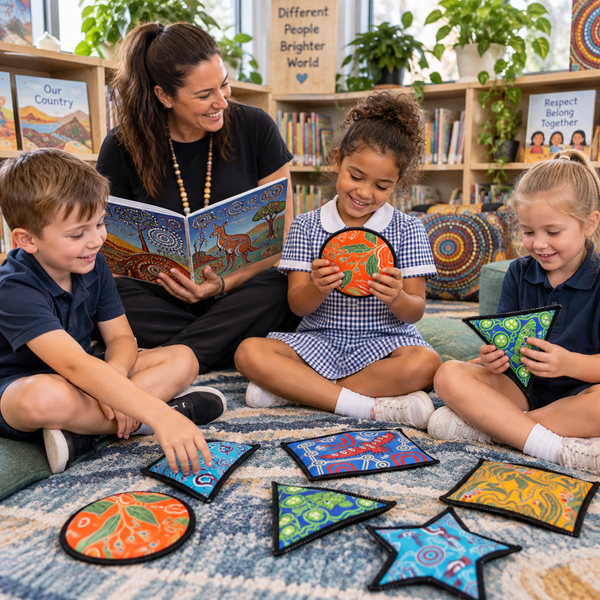 Children exploring Indigenous Inspired Neoprene Sensory Bean Bags with a teacher in a school library.