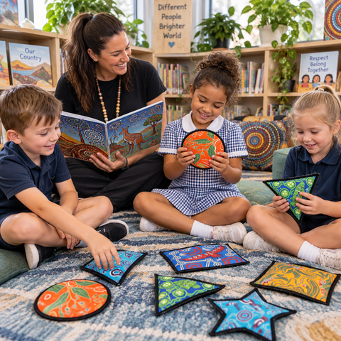 Children exploring Indigenous Inspired Neoprene Sensory Bean Bags with a teacher in a school library.