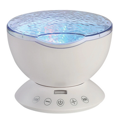 Ocean Wave Projector with Sound & Speaker projecting calming colour-changing ocean wave effects with integrated audio playback for sensory rooms, therapy clinics, classrooms, aged care, home care and NDIS environments.