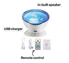 Features and accessories with the Ocean Wave Projector with Sound & Speaker projecting calming colour-changing ocean wave effects with integrated audio playback for sensory rooms, therapy clinics, classrooms, aged care, home care and NDIS environments.