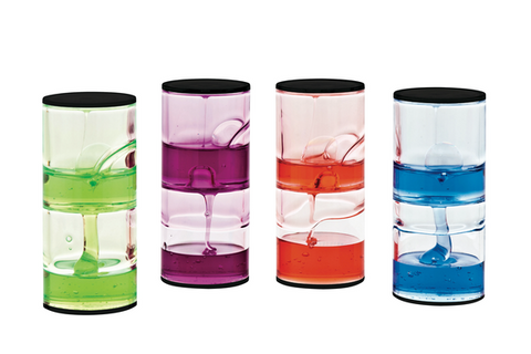 Ooze Tubes Visual Timer Set with four colourful slow-flowing liquid tubes for focus, emotional regulation, visual observation, therapy, classrooms, NDIS support and home use.