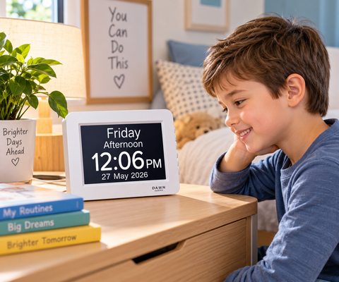 Child using the Original Dawn Clock RemarkAble reminder clock for daily routines and time awareness at home.