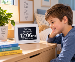 Child using the Original Dawn Clock RemarkAble reminder clock for daily routines and time awareness at home.