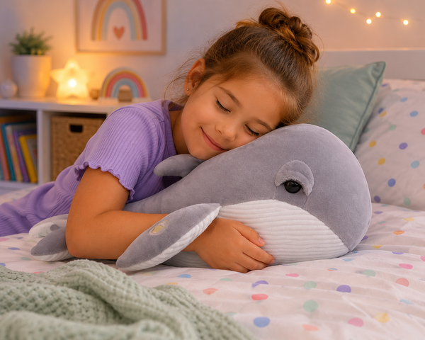 Child cuddling Oscar the Whale™ in a cosy bedroom for calming and relaxation.