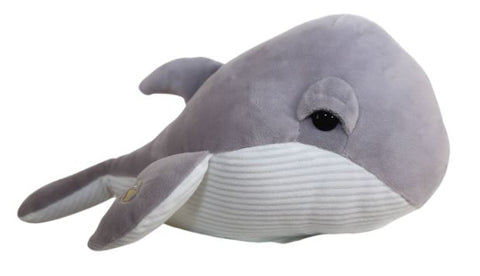 This is an image of a plush toy whale. It is grey on top with a white underside.