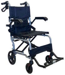 PA112v2 Portable Aluminium Travel Wheelchair with navy blue backrest, black fittings, and aluminium frame