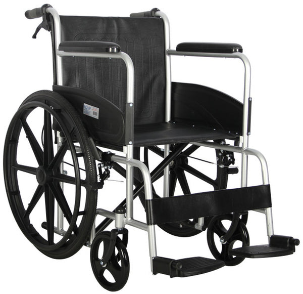 PA146 Standard Lite Steel Wheelchair with Mag Wheels, black fittings and material, black wheels, and steel frame