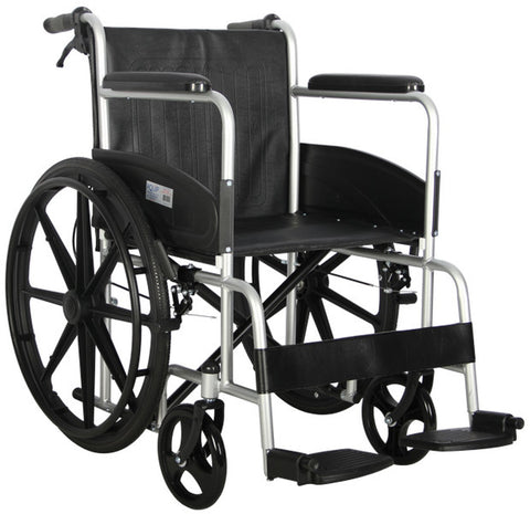 PA146 Standard Lite Steel Wheelchair with Mag Wheels, black fittings and material, black wheels, and steel frame